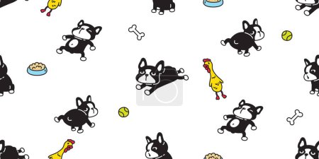 perro patrón sin costuras perro bulldog francés juguete pollo bola comida bowl hueso vector mascota doodle dibujos animados regalo envoltura papel azulejo fondo repetir papel pintado ilustración bufanda aislado diseño