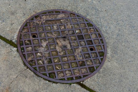 Téléchargez les photos : An image of a large round sewer lid on an urban street. - en image libre de droit