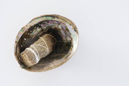 Photo for A top view image of a white sage smudge stick and abalone shell on a white background. - Royalty Free Image