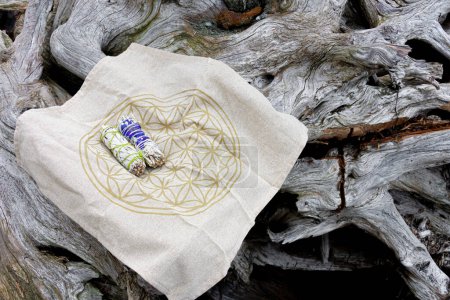 An image of two white sage smudge stick on a flower of life sacred geometry grid cloth. 