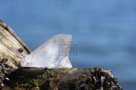 Téléchargez les photos : Une image rapprochée d'un cristal de quartz clair avec un fond bleu océan. - en image libre de droit