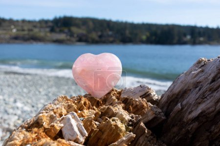 Photo for A peaceful image of a beautiful rose quartz crystal heart on a driftwood log with a rocky beach and blue ocean waters in the background. - Royalty Free Image