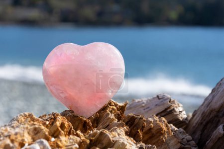 Photo for A close up image of a rose quartz crystal heart resting on driftwood with the Pacific Ocean waves in the background. - Royalty Free Image