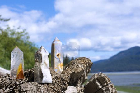 Three stunning crystal towers on an old weathered driftwood log with the Pacific Ocean in the background. 