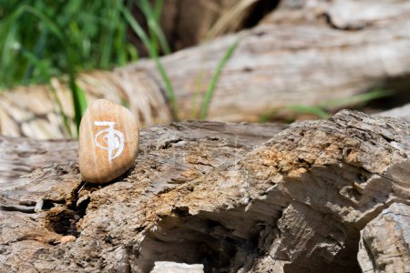 A close up image of a spiritual healing symbol painted on a smooth pebble and left on driftwood. 