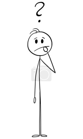 Unsure person with question mark thinking about problem, vector cartoon stick figure or character illustration.