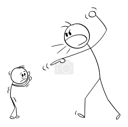 Illustration for Father or man yelling or shouting at small scared child or boy, vector cartoon stick figure or character illustration. - Royalty Free Image