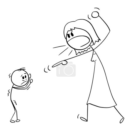 Illustration for Mother or woman yelling or shouting at small scared child or boy, vector cartoon stick figure or character illustration. - Royalty Free Image
