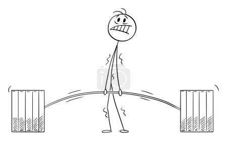 Weightlifter trying to lift or deadlift heavy barbell or weight , vector cartoon stick figure or character illustration.