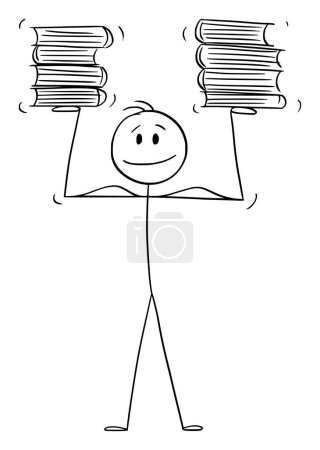Illustration for Strong mascular person holding stacks of books, vector cartoon stick figure or character illustration. - Royalty Free Image