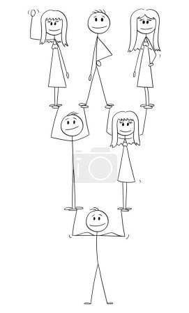 People from team standing in management hierarchy reverse pyramid, vector cartoon stick figure or character illustration.