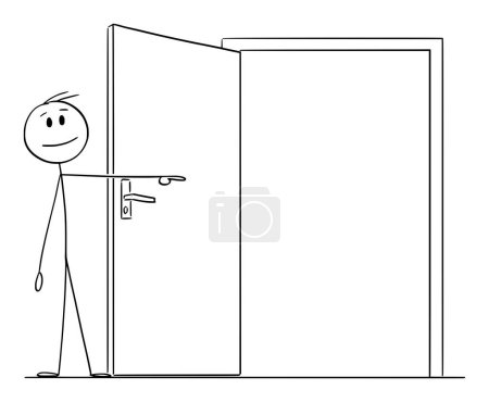 Téléchargez les illustrations : Personne pointant et invitant à passer par une porte ouverte, un dessin animé vectoriel ou une illustration de personnage. - en licence libre de droit