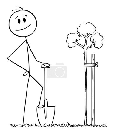 Téléchargez les illustrations : Gardener with spade or shovel planting tree , vector cartoon stick figure or character illustration. - en licence libre de droit