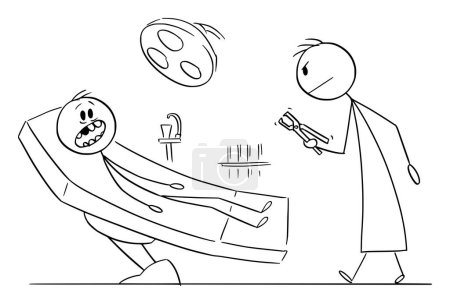 Person at dentistry with decayed or carious tooth , vector cartoon stick figure or character illustration.
