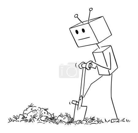 Illustration for Robot digging hole on garden with shovel or spade, vector cartoon stick figure or character illustration. - Royalty Free Image