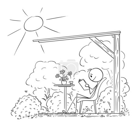 Ilustración de Person enjoying reading book on garden under pergola, vector cartoon stick figure or character illustration. - Imagen libre de derechos