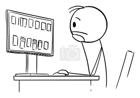 Bored person playing solitaire card game on computer, vector cartoon stick figure or character illustration.
