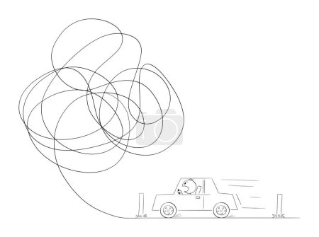 Driver and car moving on uncertain road leading to chaos, vector cartoon stick figure or character illustration.