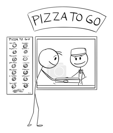 Téléchargez les illustrations : Person buying pizza at fast food, vector cartoon stick figure or character illustration. - en licence libre de droit