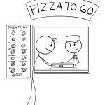 Person buying pizza at fast food, vector cartoon stick figure or character illustration.