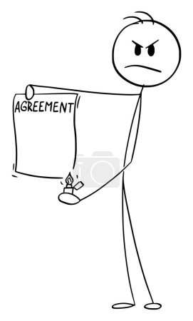 Person burning signed agreement , vector cartoon stick figure or character illustration.