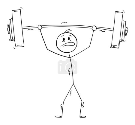 Illustration for Strong weightlifter lifting heavy barbell, vector cartoon stick figure or character illustration. - Royalty Free Image