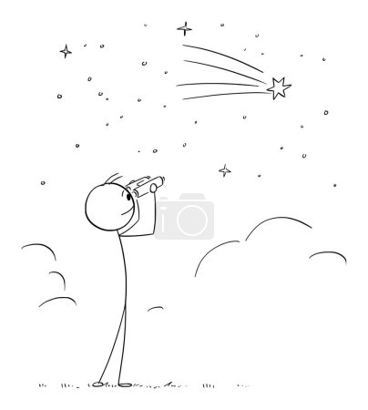 Ilustración de Person with binocular watching comet and stars on the sky , vector cartoon stick figure or character illustration. - Imagen libre de derechos