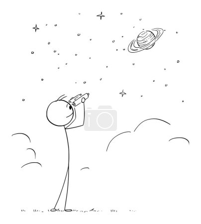 Illustration for Person with binocular watching planet Saturn and stars on the sky , vector cartoon stick figure or character illustration. - Royalty Free Image