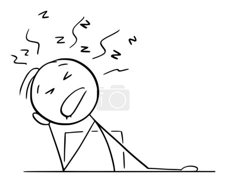 Tired person sleeping behind table or desk , vector cartoon stick figure or character illustration.