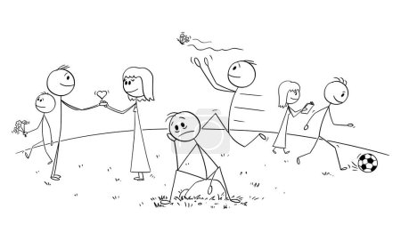 Ilustración de Unhappy person sitting alone with happy people around , vector cartoon stick figure or character illustration. - Imagen libre de derechos