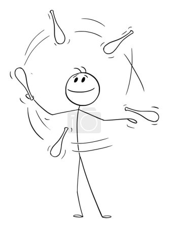 Circus juggler juggling with clubs , vector cartoon stick figure or character illustration.