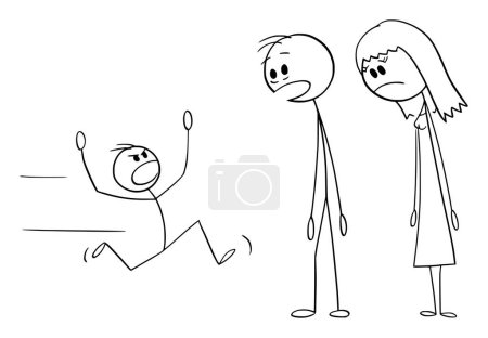 Illustration for Tired parents looking at naughty child, vector cartoon stick figure or character illustration. - Royalty Free Image