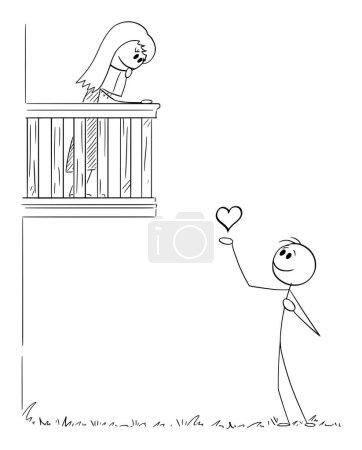 Téléchargez les illustrations : Boy lover confessing love and giving heart to girl on balcony, Romeo and Juliet, vector cartoon stick figure or character illustration. - en licence libre de droit