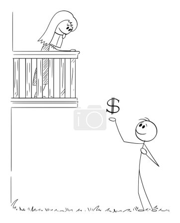 Téléchargez les illustrations : Boy lover giving money to girl on balcony, Romeo and Juliet, vector cartoon stick figure or character illustration - en licence libre de droit
