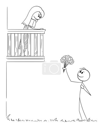 Téléchargez les illustrations : Boy lover confessing love and giving flowers to girl on balcony, Romeo and Juliet, vector cartoon stick figure or character illustration. - en licence libre de droit