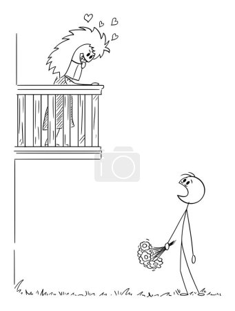 Téléchargez les illustrations : Boy lover with flowers shocked by monster girl on balcony, Romeo and Juliet, vector cartoon stick figure or character illustration. - en licence libre de droit