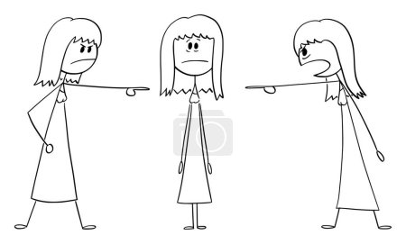 Girls or women accusing or blaming another woman, vector cartoon stick figure or character illustration.