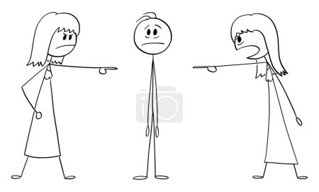 Women accusing or blaming boy or man, vector cartoon stick figure or character illustration.