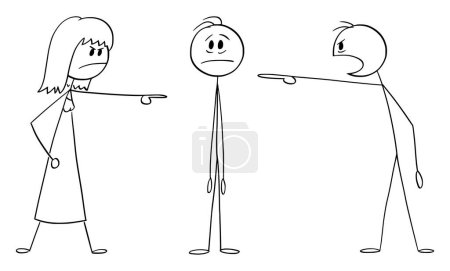 Illustration for Parents or people accusing or blaming son or man, vector cartoon stick figure or character illustration. - Royalty Free Image