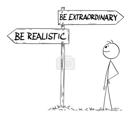 Illustration for Be extraordinary or realistic decision road sign , vector cartoon stick figure or character illustration. - Royalty Free Image