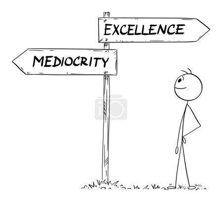 Illustration for Choose between mediocrity or excellence, vector cartoon stick figure or character illustration. - Royalty Free Image