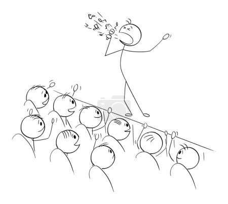 Ilustración de Cantante estrella está cantando en el escenario, la audiencia es feliz, vector de dibujos animados figura palo o ilustración de personajes. - Imagen libre de derechos