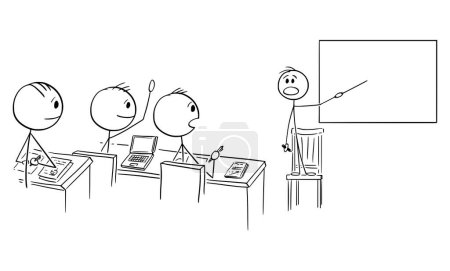 Genius child teacher teaching adult students at university, vector cartoon stick figure or character illustration.