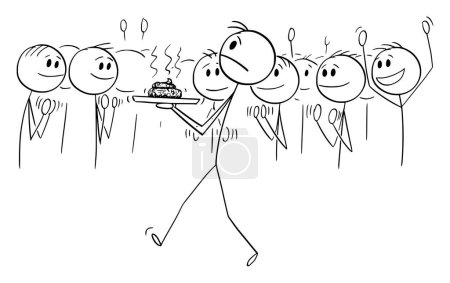 Waiter with plate serving feces or excrement, crowd is enthusiastic , vector cartoon stick figure or character illustration.