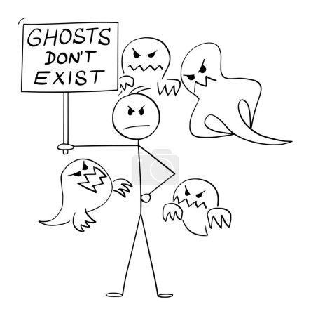Illustration for Person holding ghosts dont exist sign, vector cartoon stick figure or character illustration. - Royalty Free Image