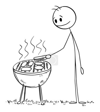 Ilustración de Persona cocinando en la parrilla de barbacoa, figura de vectores de dibujos animados o ilustración de personajes. - Imagen libre de derechos