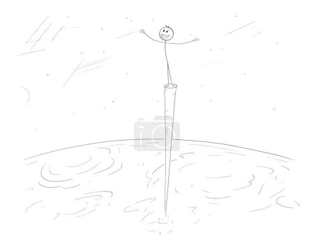 Person Standing above clouds looking on planet Earth, vector cartoon stick figure or character illustration.