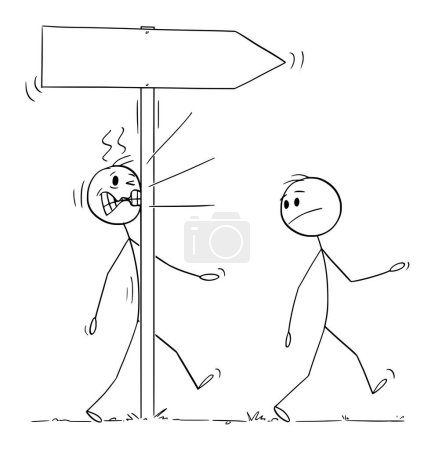 Walking person or businessman hit the sign, vector cartoon stick figure or character illustration.