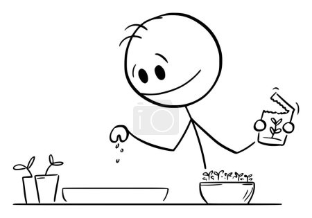 Person or gardener planting flower or vegetable seeds in pots, vector cartoon stick figure or character illustration.