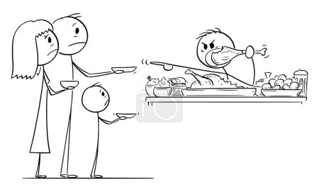 Comer persona que se niega a compartir comida con la familia hambrienta pobre, figura de vectores de dibujos animados o ilustración de personajes.
